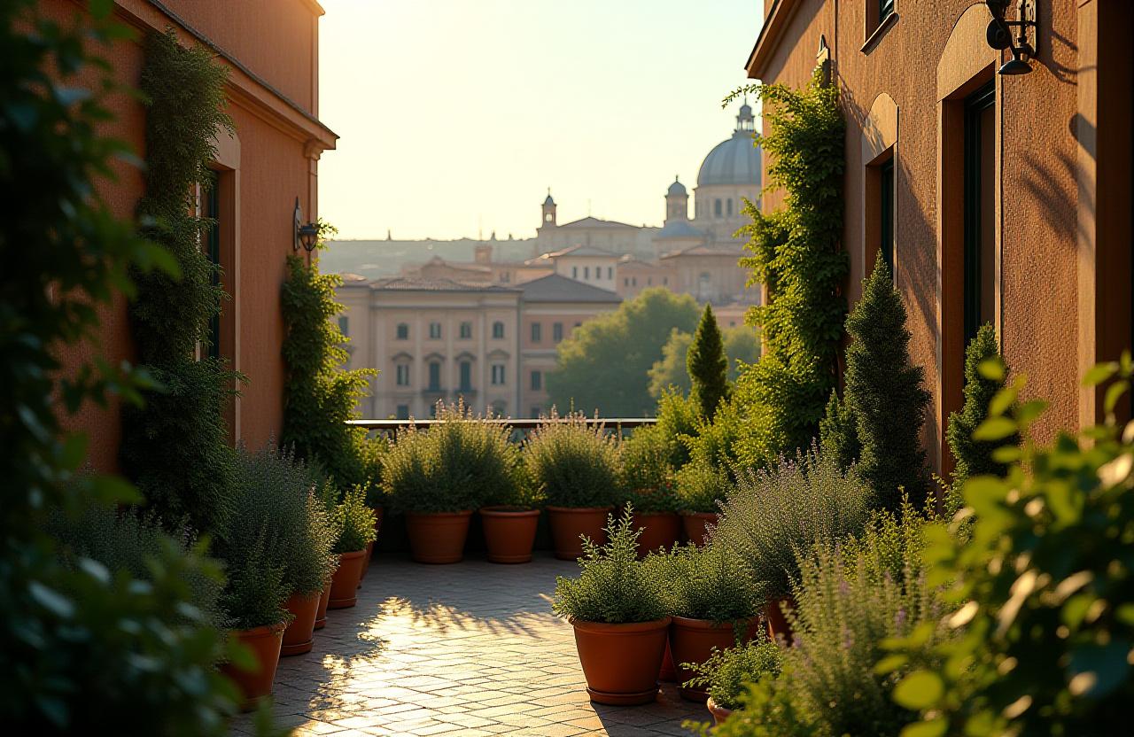 Terrazza verde nel centro di Roma con piante aromatiche